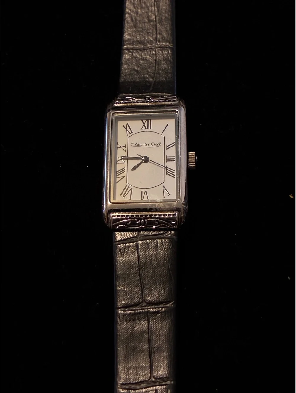 Coldwater Creek Women's Tank Watch Silver Tone Rectangular Roman Numeral Black